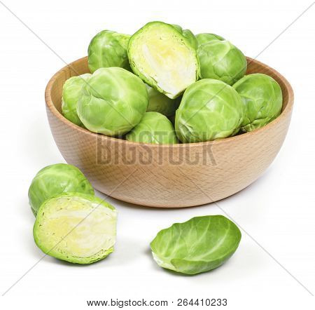 Delicious Brussel Sprouts In A Wooden Bowl. Brussel Sprout, Isolated On White Background.