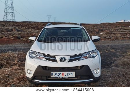 VIK, ICELAND - MAY 08, 2015. Toyota RAV4 four wheel drive SUV being used on Iceland's unpaved roads and terrain.