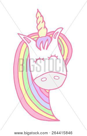 Cute and soft unicorn's head. Vector illustration doodle drawing, happy unicorn in light pastel baby colors.