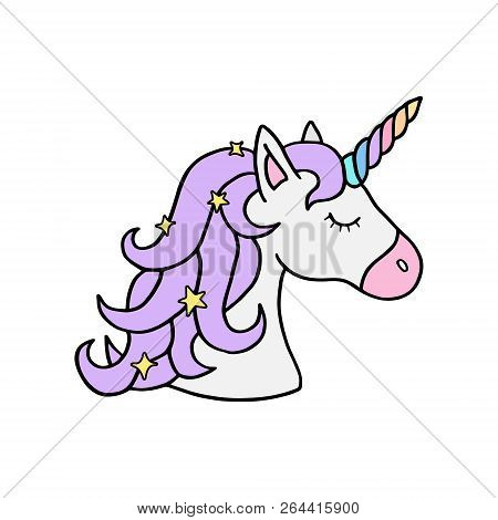 Colorful rainbow unicorn vector illustration drawing. Cute unicorn's head with rainbow horn and violet mane with sparkling stars. Unicorn cartoon graphic print isolated on white background.