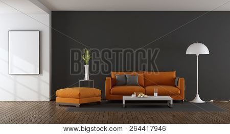 Modern Living Room With Orange Sofa And Footstool Against Gray Wall - 3d Rendering