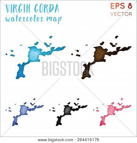 Virgin Gorda Watercolor Island Map. Handpainted Watercolor Virgin Gorda Map Set. Vector Illustration