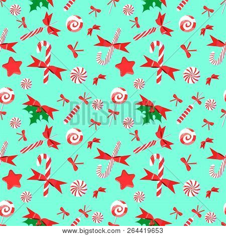 Christmas Seamless Pattern With Candy Cane, Lollipop, Bow, Holly.holiday Decoration Perfect For Posr