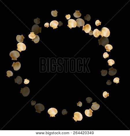 Gold Seashells Vector, Golden Pearl Bivalved Mollusks. Cute Scallop, Bivalve Pearl Shell, Marine Mol