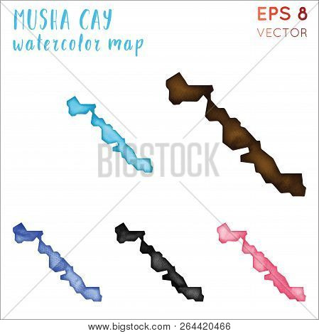 Musha Cay Watercolor Island Map. Handpainted Watercolor Musha Cay Map Set. Vector Illustration.