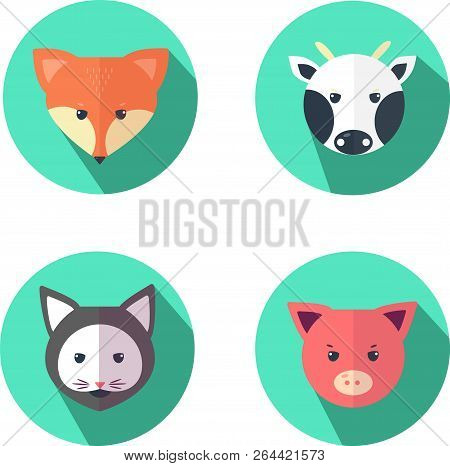 Illustration Of Fox, Cat, Cow And Pig. Vector Icon: Pig, Cat, Cow And Fox.  Flat Design. Art Can Be 