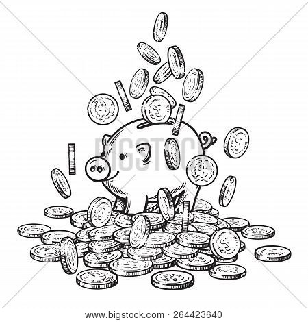 Cartoon Piggy Bank Among Falling Coins On Big Pile Of Money. 2019 Chinese New Yea Symbol. Black And 