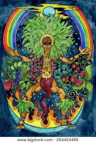 Tropical Voodoo Shaman Or Warlock. Hand Drawn Graphic Watercolor Illustration With Fantasy Character