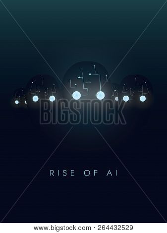 Artificial Intelligence Concept With Robot Faces And Eyes Glow In The Dark. Symbol Of Future, Techno