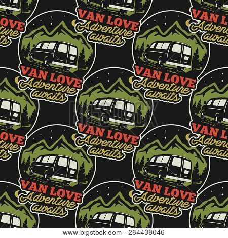 Vintage Hand Drawn Travel Seamless. Van Life Adventure Pattern Concepts. Stock Vector Camping Wallpa