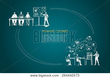 Training Courses - Students Listening To Presentation And Sitting In Classrom Vector Concept Set. Ha