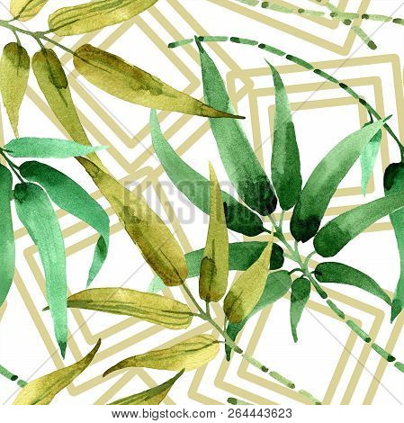 Bamboo Green Leaf. Leaf Plant Botanical Garden Floral Foliage. Seamless Background Pattern.