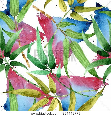 Bamboo Green Leaf. Leaf Plant Botanical Garden Floral Foliage. Seamless Background Pattern.