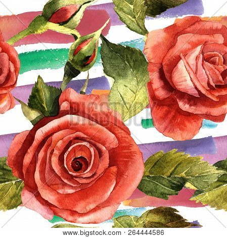 Watercolor Red Rose Flower. Floral Botanical Flower. Seamless Background Pattern.