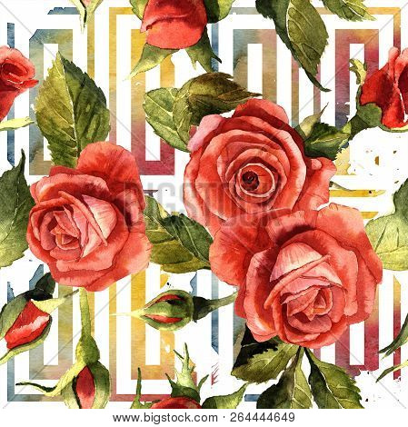 Watercolor Red Rose Flower. Floral Botanical Flower. Seamless Background Pattern.