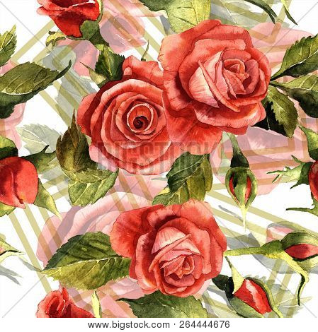Watercolor Red Rose Flower. Floral Botanical Flower. Seamless Background Pattern.