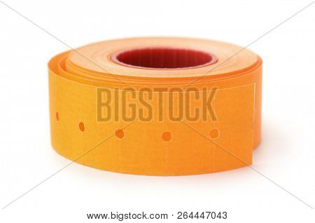 Orange sticky labels roll isolated on white