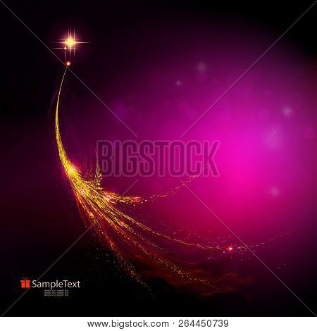 Christmas Background With Silhouette Of Abstract Christmas Tree In Golden Color With Smoke And Glitt