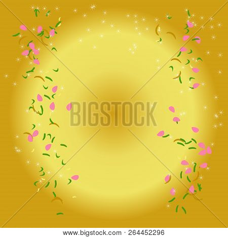 Abstract Golden Sunlight Background, Dropping Pink Flower Petals, Green Leaves, And White Blowing Se