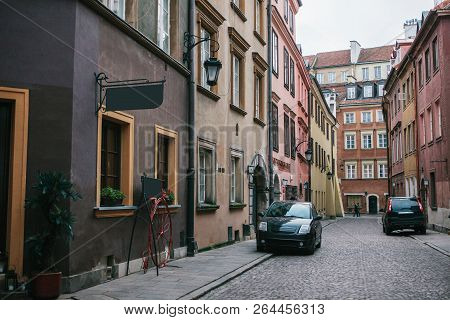 Beautiful Street With Traditional Houses In Warsaw In Poland.