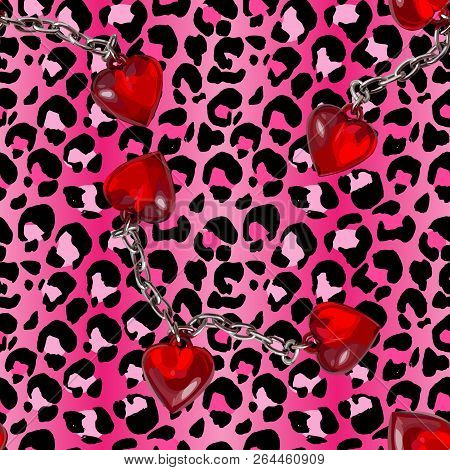 Brush Painted Tiger Seamless Pattern. Pink Leopard Spots And Chained Red Heart Background.