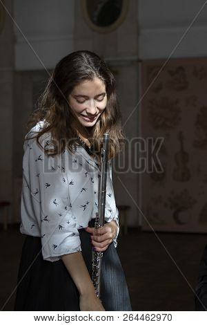 Beautiful Young Woman With Flute Genre Portrait Of Young Beautiful Girl