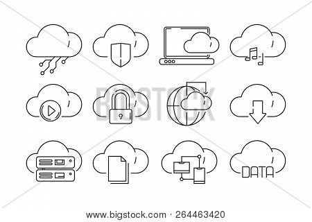 Web Cloud Services Icons. Internet Sync Computer Technology Infographic Vector Linear Symbols Isolat