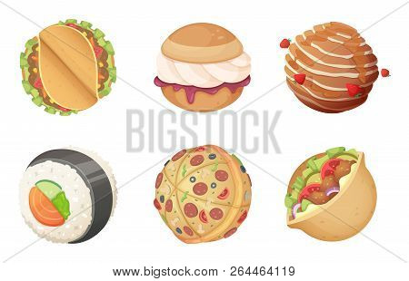 Space Food Planets. Game Cartoon Fantasy World From Candy Sweets Burgers And Pizza With Meal And Sal