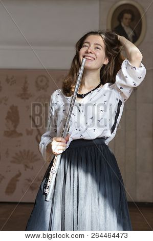 Beautiful Young Woman With Flute Genre Portrait Of Young Beautiful Girl