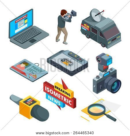 Breaking News Symbols. Isometric Pictures Of Writers Videographers And Journalists. Breaking News An