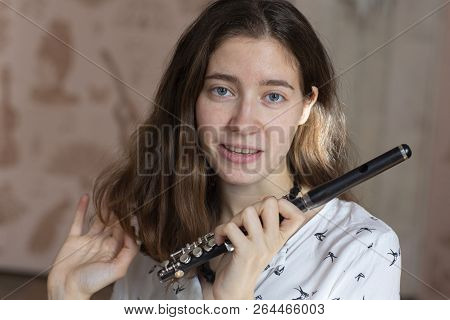 Beautiful Young Woman With Flute Genre Portrait Of Young Beautiful Girl