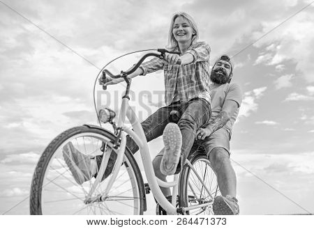 Couple With Bicycle Romantic Date Sky Background. Couple In Love Date Cycling. Explore City. Man And