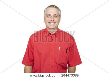 A Portrait Of A Mature Man Auto Parts Store Seller On Studio White Background