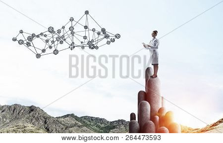 Young Female Doctor With Folder In Hands Satnding On Stone Column. 3d Rendering