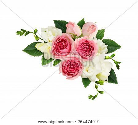 Freesia And Pink Rose Flowers In A Corner Arrangement Isolated On White Background. Top View. Flat L