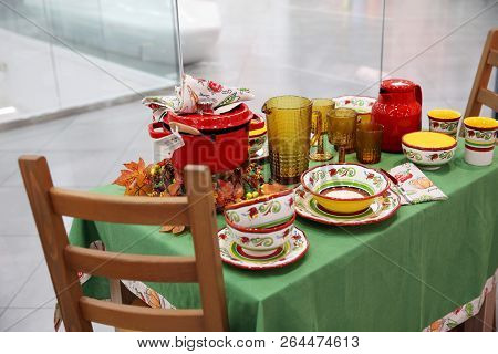 Shop Window Beautiful Dishes For Home On The Table On Sale
