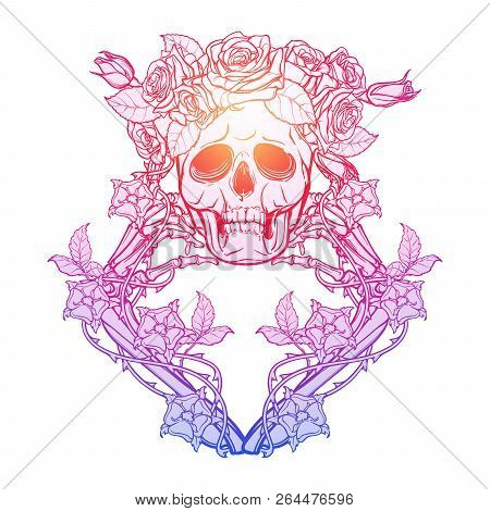 Halloween Santa Muerte. Human Skull In A Rose Wreath And Hand Bones In Dog-rose Garlands. Mystical C