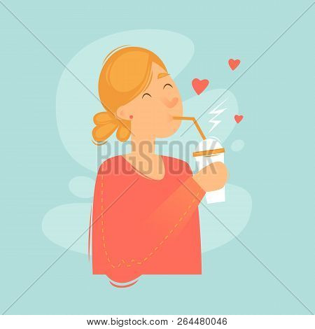 Woman Drinks A Drink Through A Straw, Fast Food. Flat Design Vector Illustration