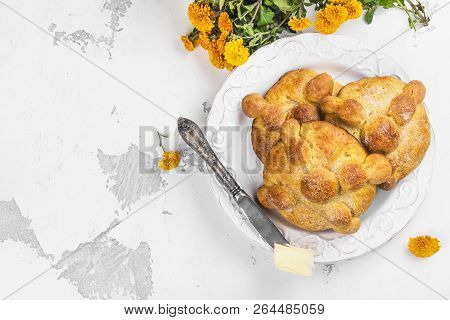 Pan De Muerto Bread - Mexican Dead Bread - And Marigold Flowers Symbol Of Death On White Background.