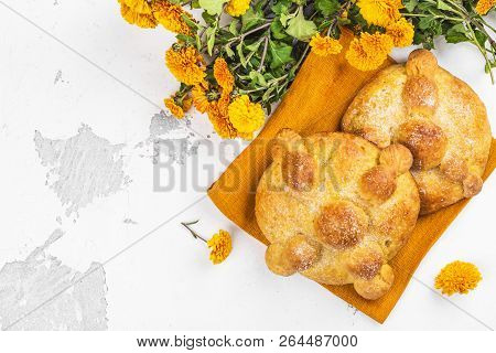 Pan De Muerto - Traditional Pastry, Bread, Buns With Sugar And Orange Baked For Mexicad Day Of Dead.