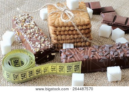No Diabetes And Excess Weight. Sweet Shortbread Biscuits Tied With Jute Cord, Pieces Of Sugar, Dark 
