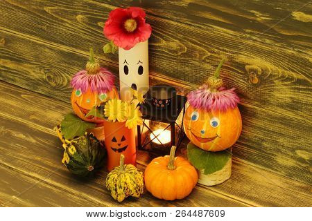 Halloween. Funny Pumpkins With Caps, Charming Ghosts, Colorful Ornamental Pumpkins Of Unusual Shape 