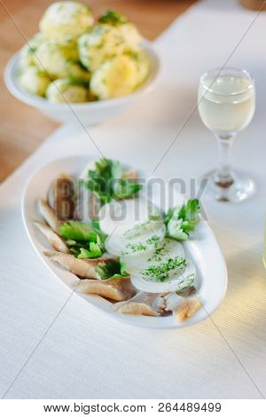 Salty Herring On Restaurant Table - Nice Food.