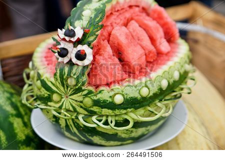Watermelon With Eyes. An Example Of Decorative Work With Vegetables. Autumn Harvest.