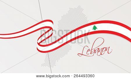 Vector Illustration Of Abstract Radial Dotted Halftone Map Of Lebanon And Wavy Ribbon With Lebanese 