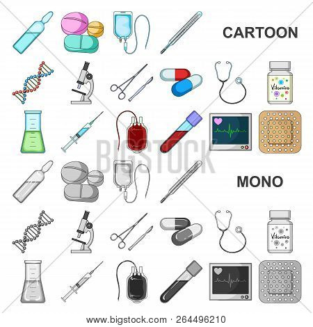 Medicine And Treatment Cartoon Icons In Set Collection For Design. Medicine And Equipment Vector Sym