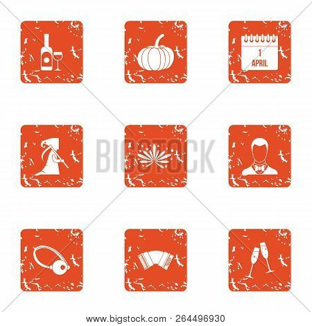 Prank Icons Set. Grunge Set Of 9 Prank Vector Icons For Web Isolated On White Background