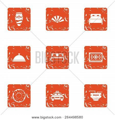 Hotel Room Icons Set. Grunge Set Of 9 Hotel Room Vector Icons For Web Isolated On White Background