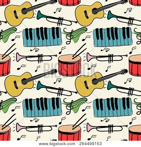 Music Instruments Doodle Style Seamless Pattern On Grey