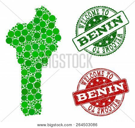 Welcome Combination Of Map Of Benin And Rubber Seals. Vector Greeting Seals With Scratched Rubber Te